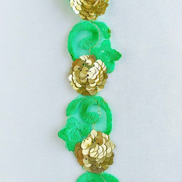 Green Lace Trim, Tissue Fabric Cutwork With Floral Embroidery & Gold Sequins,
